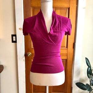 Bebe Fuchsia Knit Top With Lace Weave Draped Neckline and Cap Sleeves